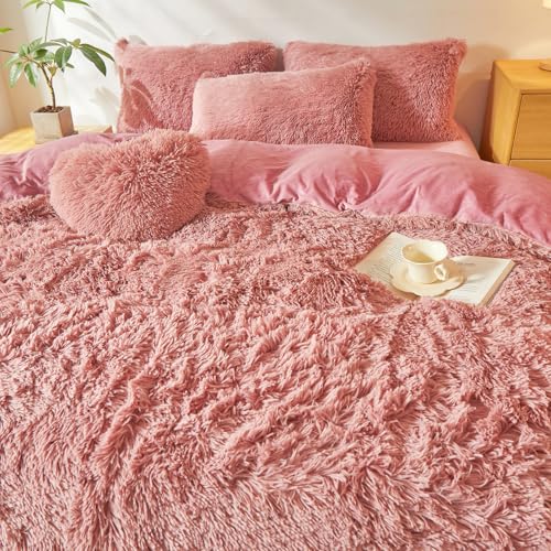 Furry Fluffy Old Pink Comforter Cover Twin Set – Faux Fur Furry Old Pink Bedding 2-Piece Set (1 Plush Duvet Cover + 1 Shaggy Pillow Sham) Cozy Bed Set