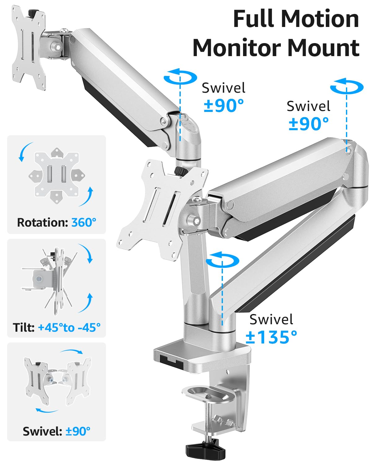 MOUNTUP Supporto da scrivania per doppio monitor, in alluminio pressofuso completamente regolabile, braccio doppio per monitor con molla a gas, supporto per monitor per computer adatto a 2 schermi da