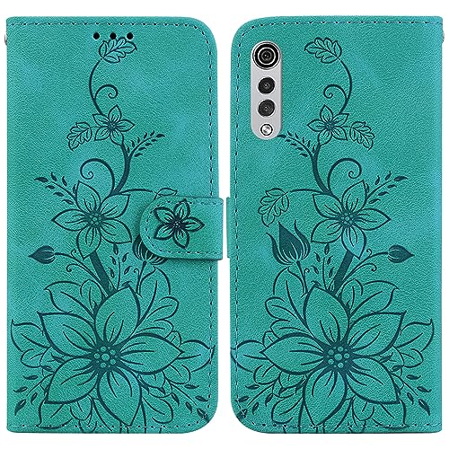 BLOTECH Wallet Case Compatible with LG-Velvet，LG G9 Embossed Flip Wallet Lilies Flowers Cover Relief Sculpture PU Leather Wallet Phone Protective Magnet Clasp Phone Holsters for LG-Velvet，LG G9,Green