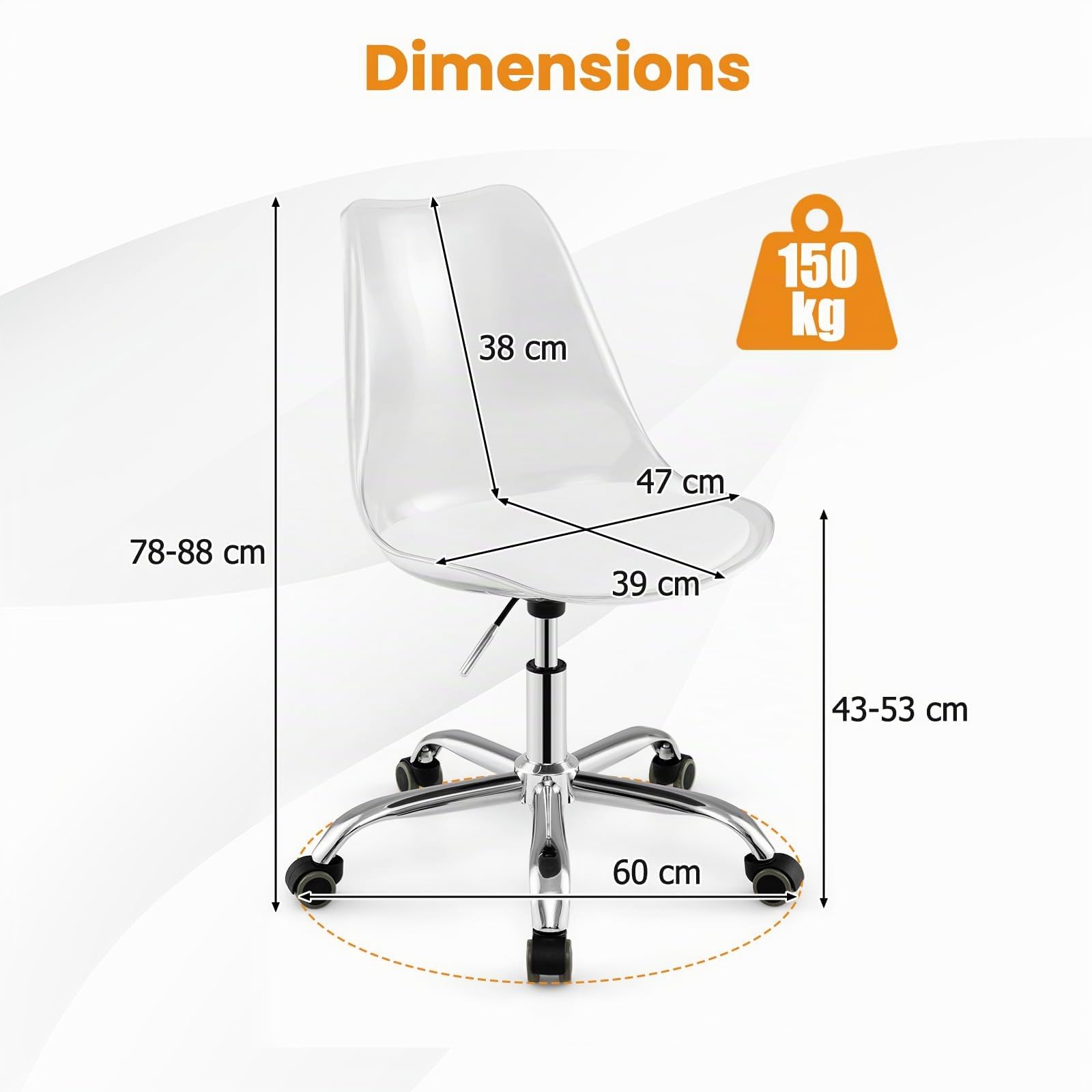 GYMAX Chaise de Bureau Transparente Acrylique avec Hauteur Réglable