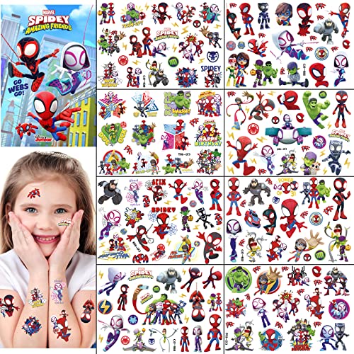 8 Sheets Cute Temporary Tattoos for Kids, Spidey and His Amazing Friends Theme Fake Tattoos Stickers, Birthday Party Sup