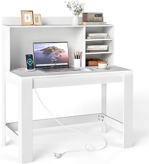 COSTWAY Desk with Charging Station, Small Computer Desk with Socket, Accessories and Open Compartments, Wooden Desk PC Table, Work Desk for Home and Office, 108 x 60 x 125 cm (White)