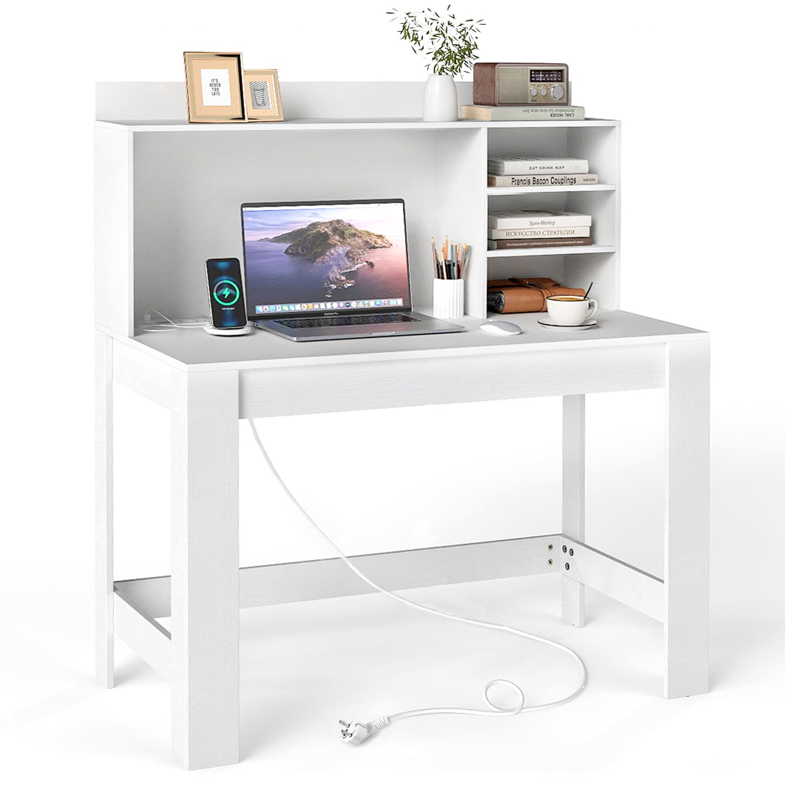 LIFEZEAL Scrivania con Libreria e Multipresa, Scrivania Porta Computer, PC, in Legno, 108x60cm, Ampio Spazio, Tavolo Postazione di Lavoro, per Ufficio, Studio, Moderno, Salvaspazio, Max 140kg (bianco)