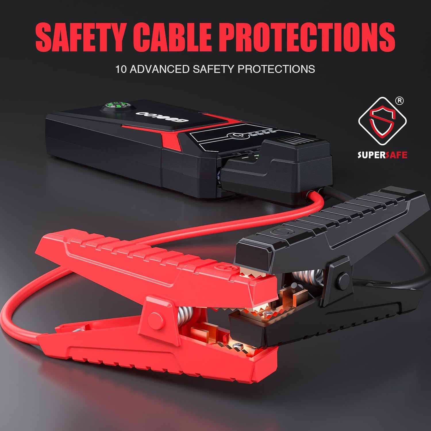 Close-up of GOOLOO smart jump cables with red and black clamps, highlighting 10 advanced safety protections.