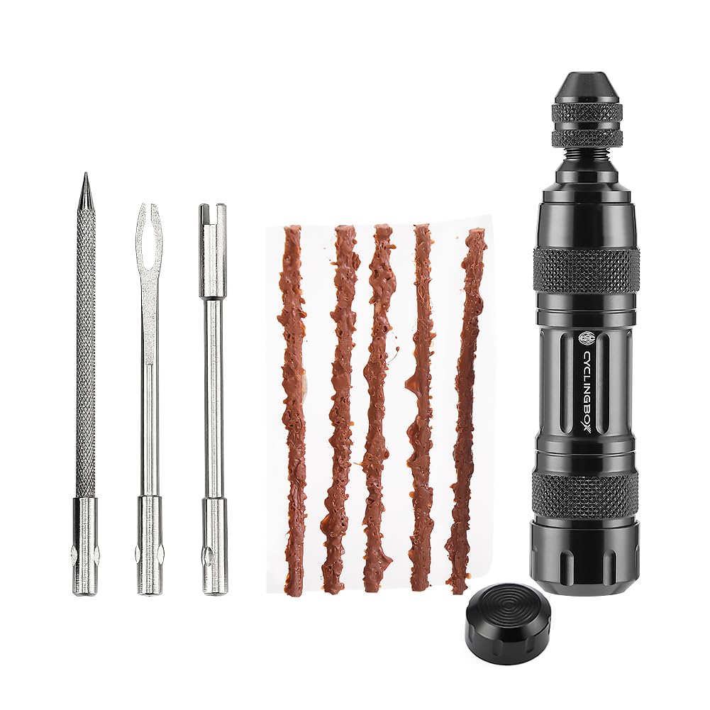 Kigauru Bicycle Tubeless Tire Repair Kit Bike Tire Plug Tool Aluminium Alloy Portable Bike Repair Puncture Kit for Fix a Puncture or Flat Fast Tackle Set with 5 Rubber Strips and 3 Tire Repair Drills
