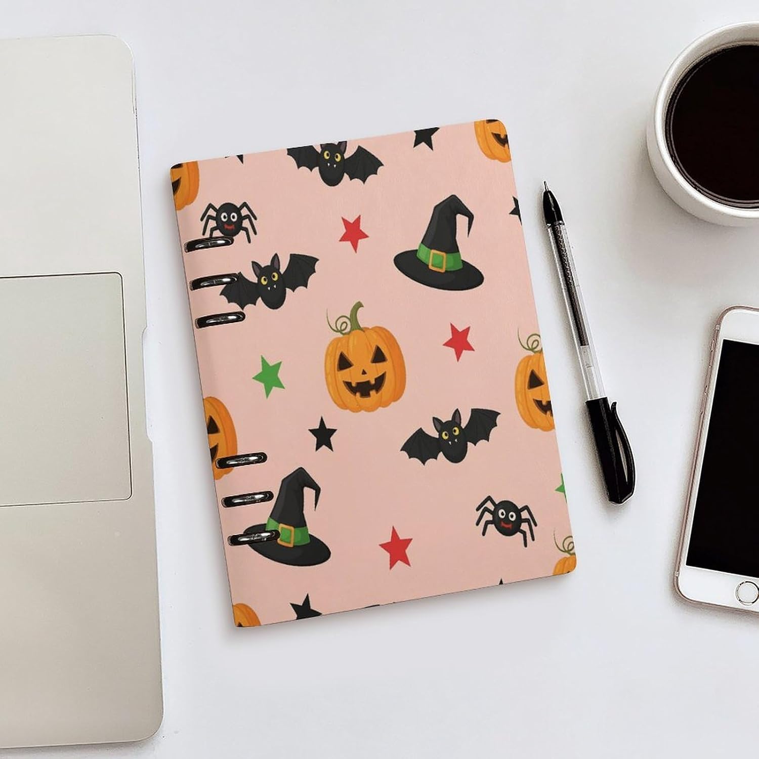 JOJOART Halloween Bat Star Pumpkin Journals Binder Notebook Loose Leaf 6-Ring Professional Notebook,Spiral Notebooks Refillable Journal Notebook,90 Sheets for Office Travel Planner