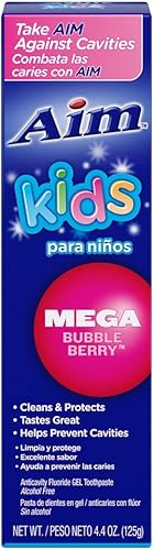Aim Pasta de dientes con flúor de gel para niños, Mega Bubble Berry, 4.4 onzas (paquete de 2)