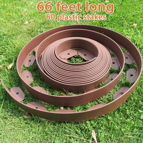 Landscape Edging,Garden Edging Border,Lawn Edging and Landscape Border No Dig Flower Bed Border Plastic Garden Edging Border Rubber Landscape Edging (Plastic Stakes, Brown-66feet)