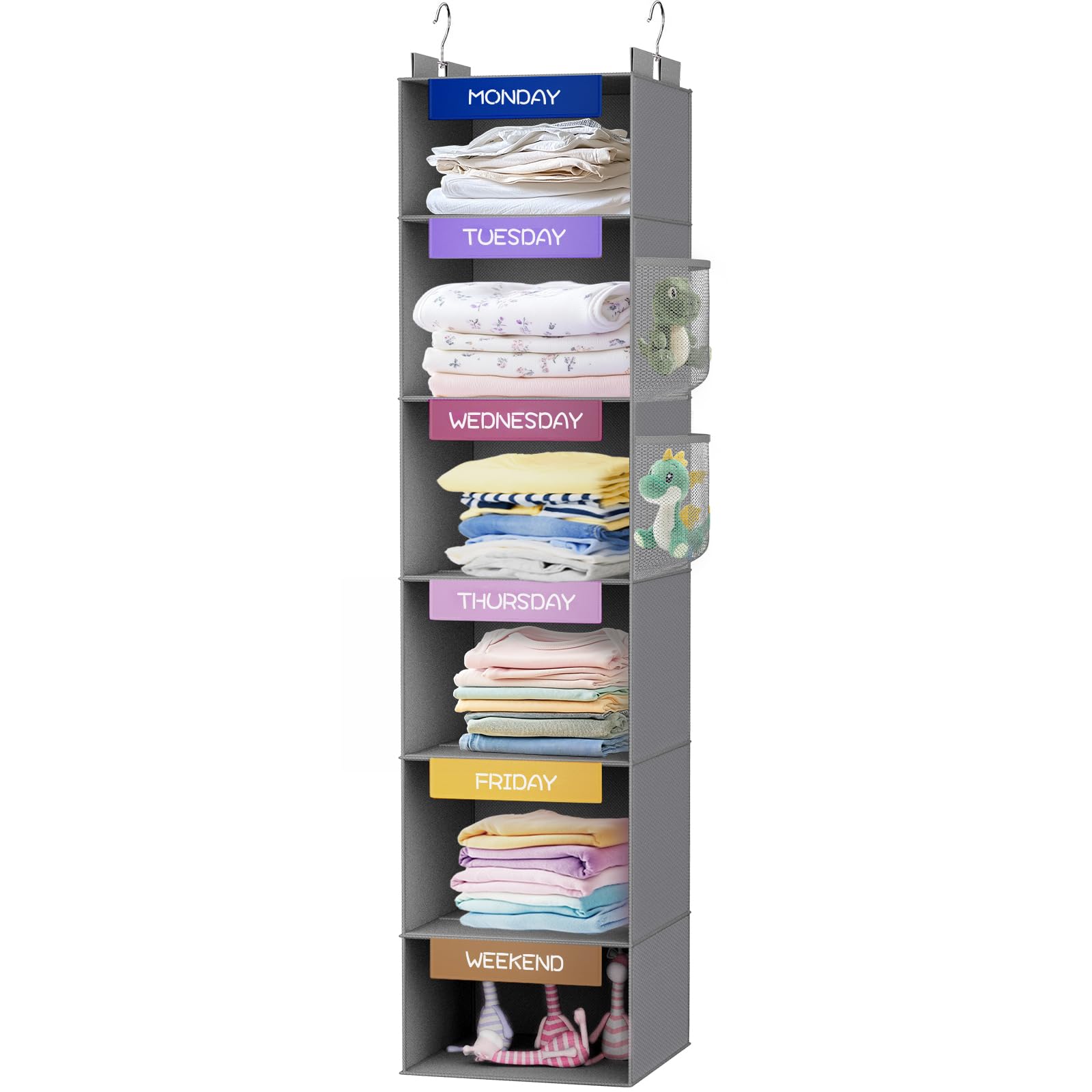 VERONLY Weekly Hanging Closet Organiser for Kids- 6-Shelf Over the Door Clothes Hanging Organiser with Monday to Friday Label,Day of Week Wall Mount Clothes Shelves for Bedroom,Bathroom,Dorm (Grey)