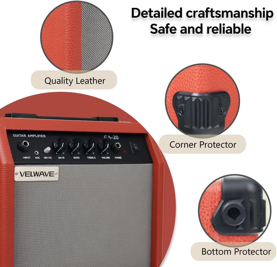 Electric Guitar Amplifier 20W Brown Color Portable Smart amp 6.5'' Speaker 6.5mm Input 3.5mm aux Drive gain bass Treble Volume and Headphone Jack Practice amp