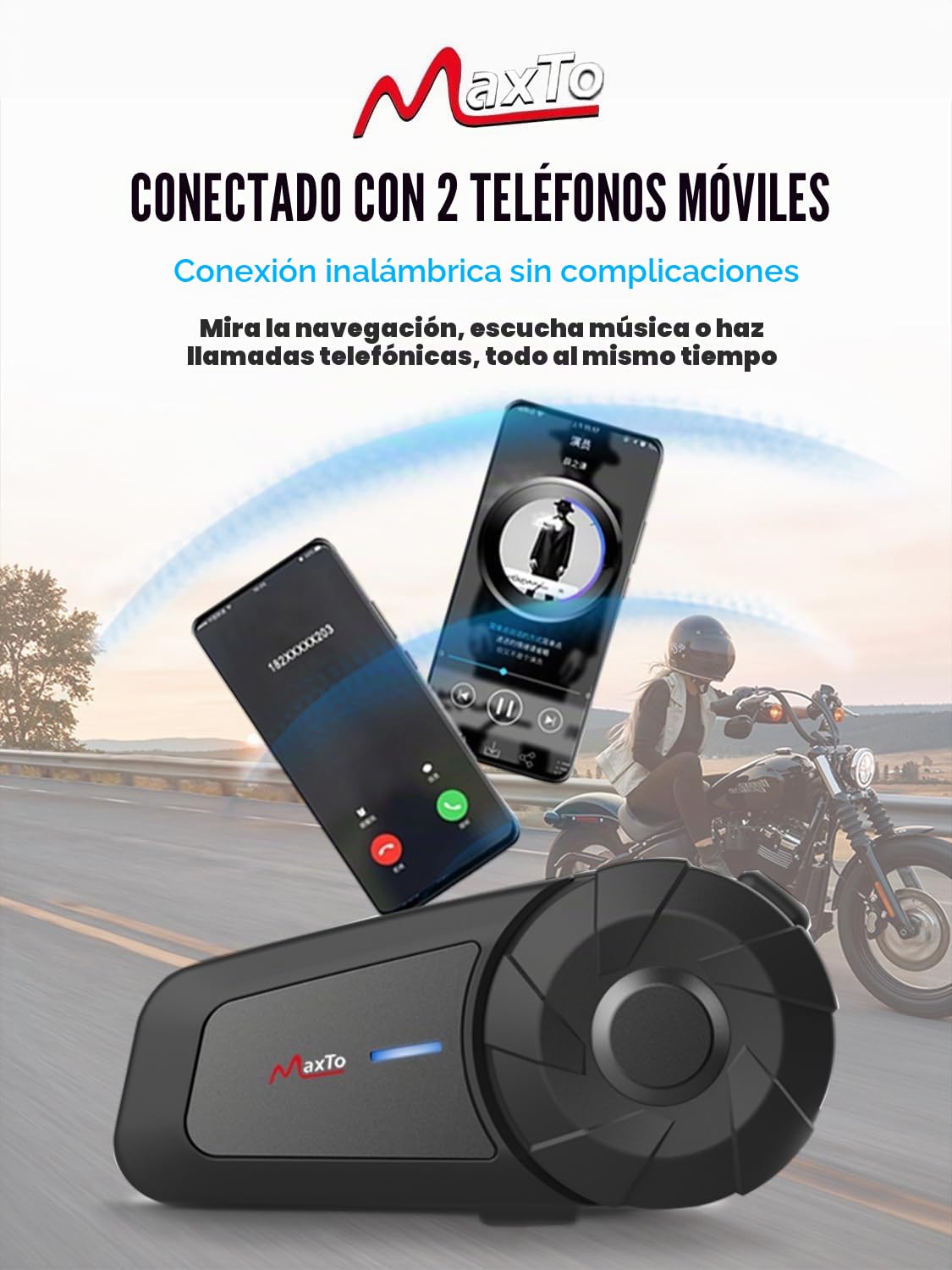 Auriculares Bluetooth para motocicleta, MX1 2-Riders 800 m, sistemas de comunicación de intercomunicación universales, sonido estéreo HiFi/IPX6 impermeable/control de música de llamadas, altavoz de