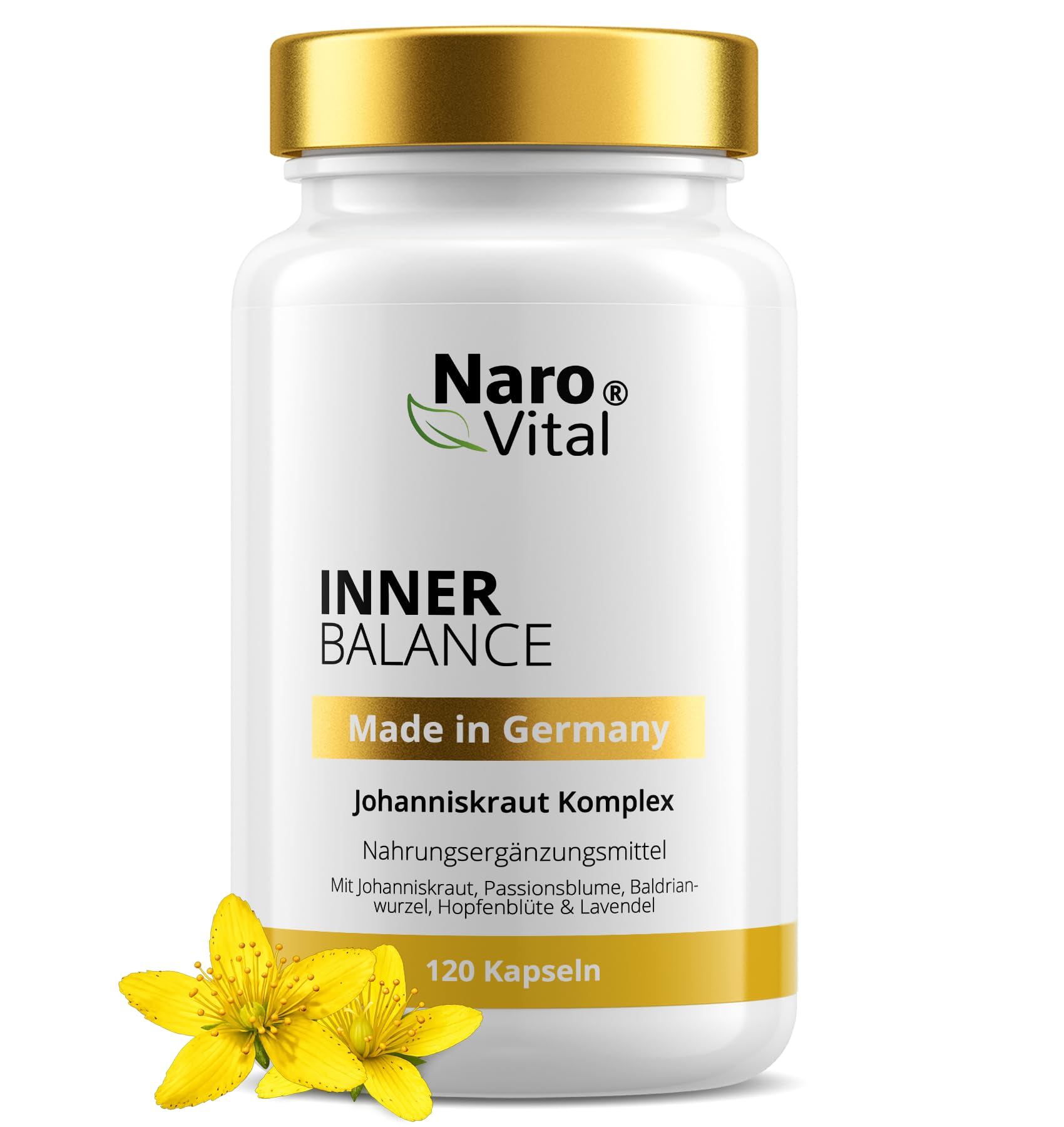 Inner Balance - Johanniskraut Komplex mit Passionsblume, Baldrian, Hopfen & Lavendel Extrakt - Kapseln hochdosiert Anti Stress, Stimmungsaufheller & Beruhigungsmittel - 120 Kapseln für 2 Monate