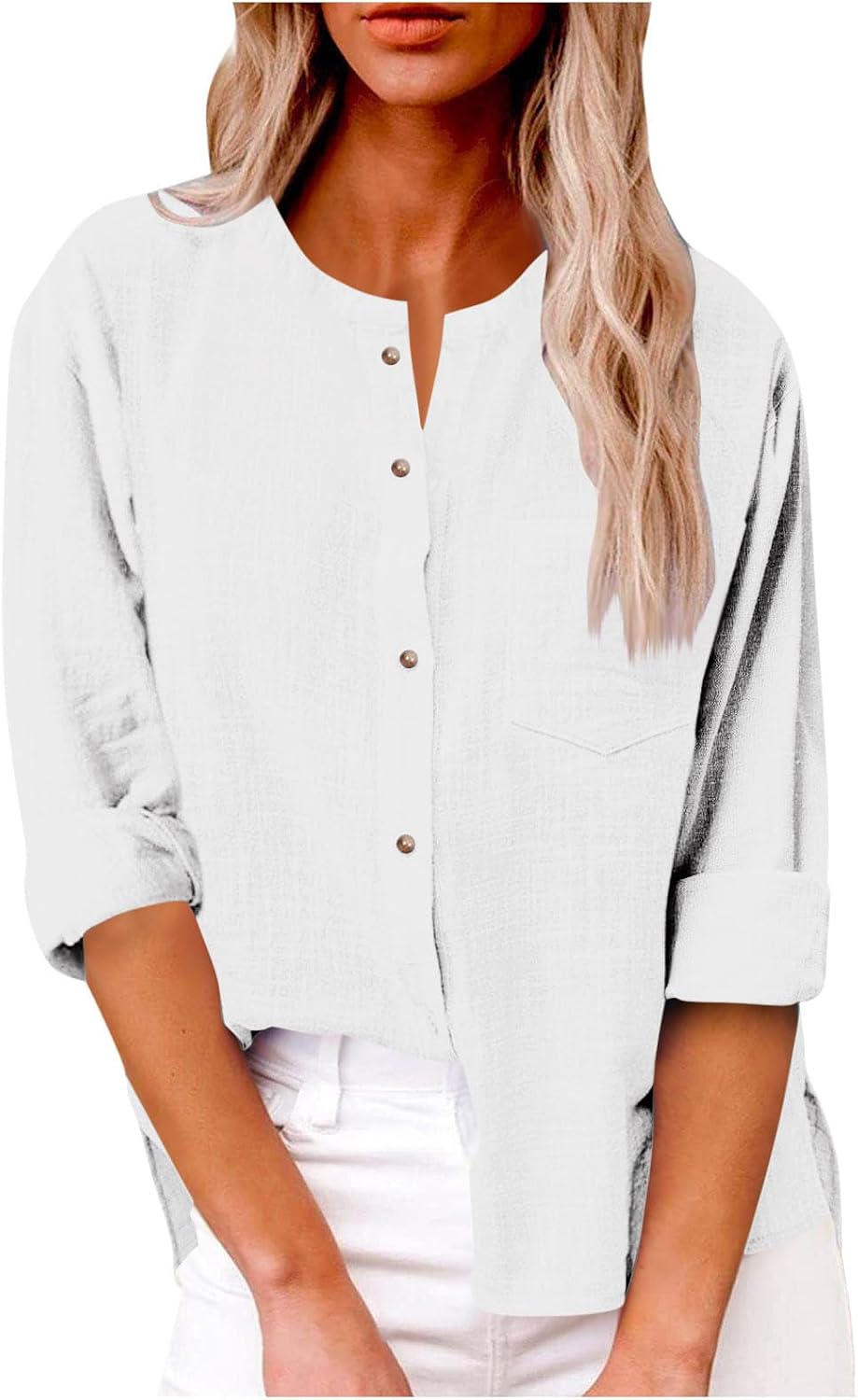 Women's Linen Shirts Long Sleeve Button Down Crew Neck Blouse Summer Vacation Gauze Shirts Trendy Outfits Shirt