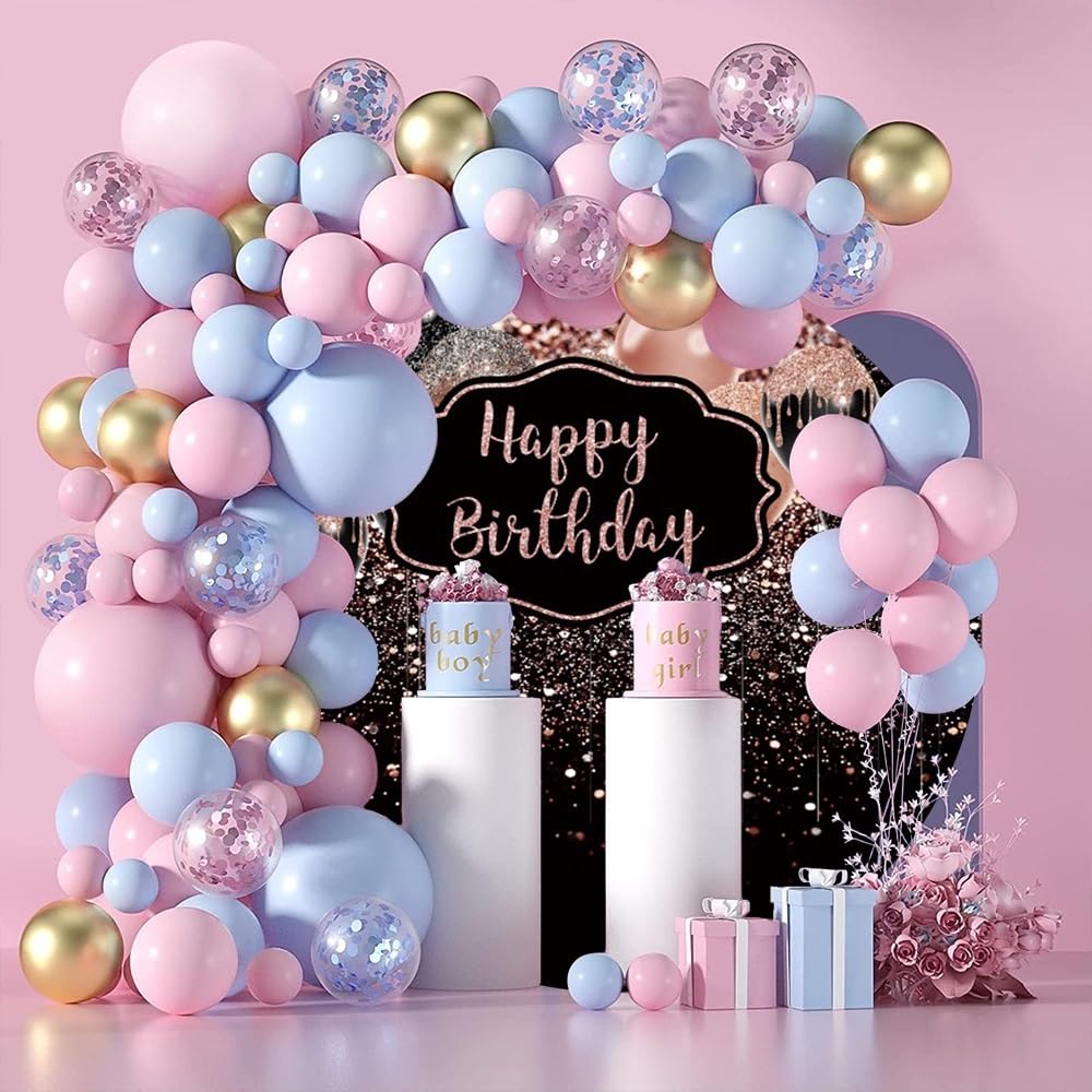 Happy Birthday Round Backdrop - 7.2ft Rose Gold & Black Party Background