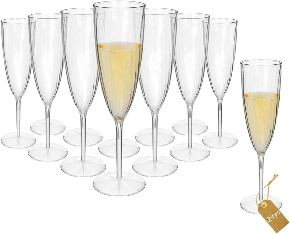 24 Pcs Clear Plastic Champagne Flutes, Hard Disposable Plastic Champagne Glasses, One Piece Design Wine Glasses Cocktail Cups for Home Daily Life Party Wedding Toasting Drinking (24Pcs-6OZ/180ML)