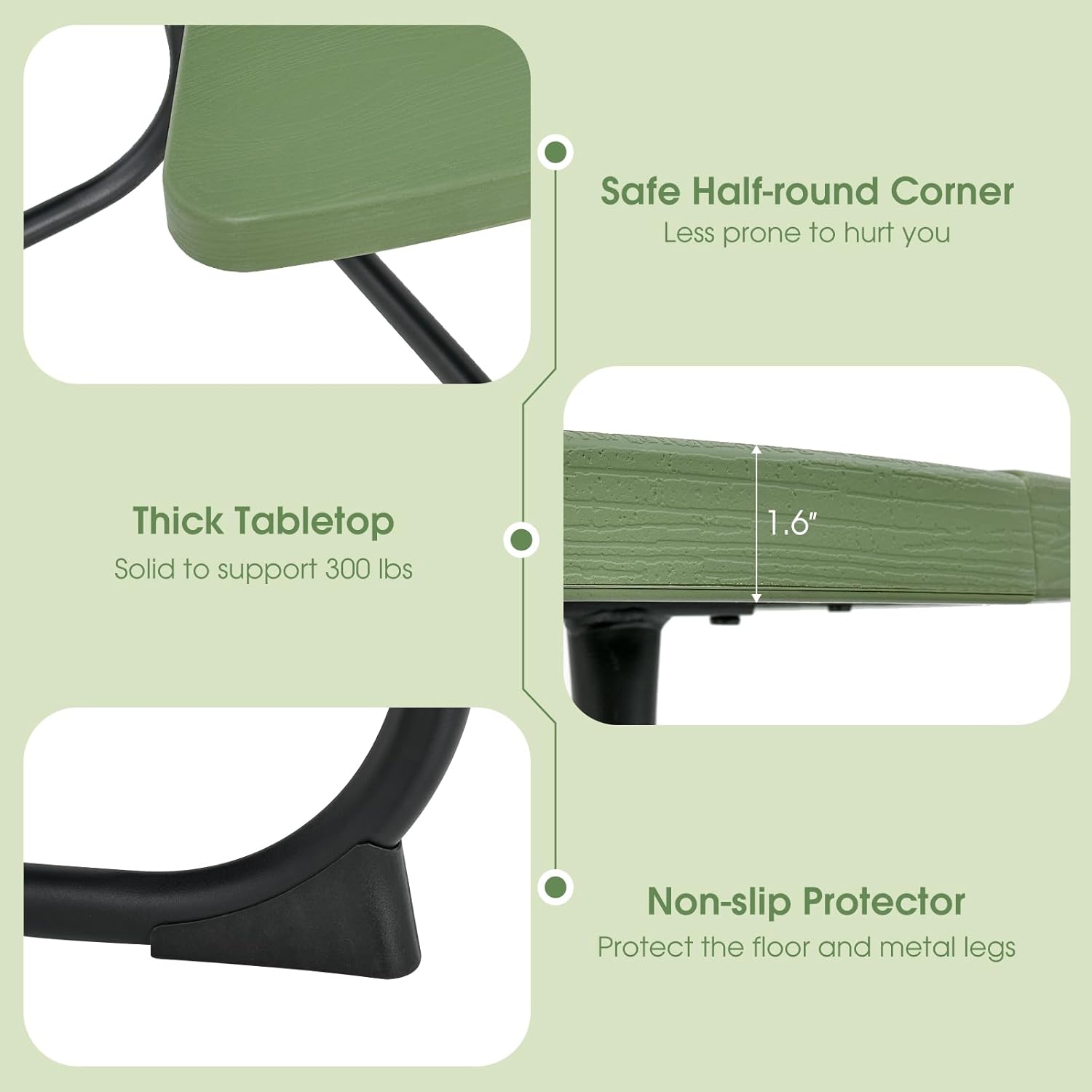 Giantex Picnic Table Set for Up to 8 Persons, Round Outdoor Table and Bench Set with Umbrella Hole, HDPE Top & Metal Frame, 2000LBS Capacity, Patio Table Bench for Deck Backyard Garden (Green)
