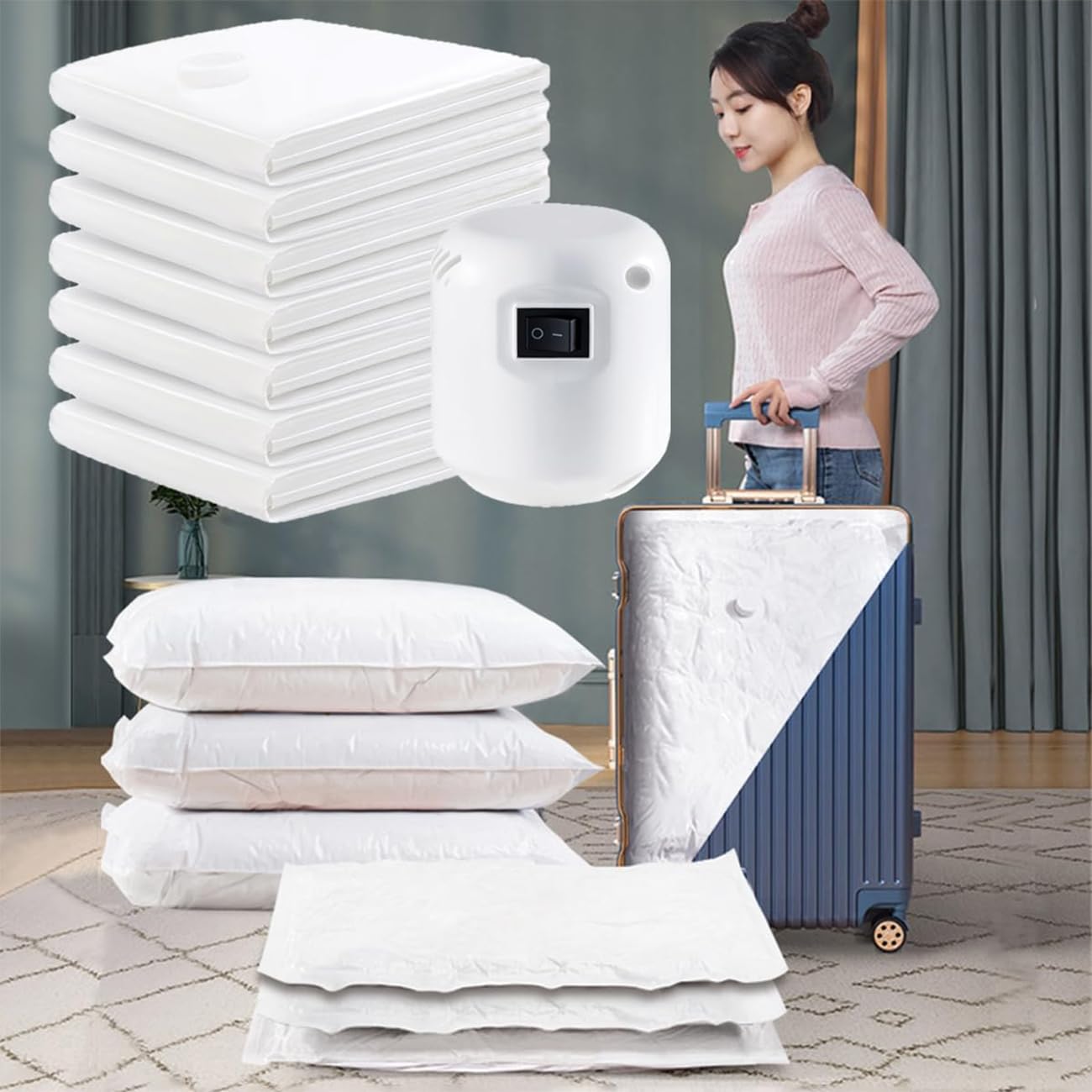 Vacuum Storage Bags, 12 Pack (4 Sizes) with Electric Air Pump, Reusable Space Saving Bags for Clothes, Mattresses, Blankets, Duvets, Pillows, Comforters. (Electric air pump)