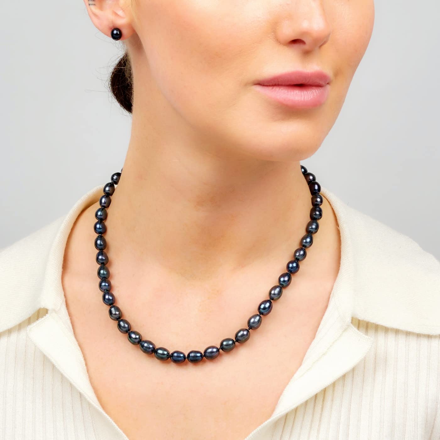 Treasure Bay FAB Elegantes Schmuckset mit Halskette, Armband und Ohrringen, Reisform, Süßwasserperlen, 7–8 mm, für Damen und Mädchen, Silber, Perle