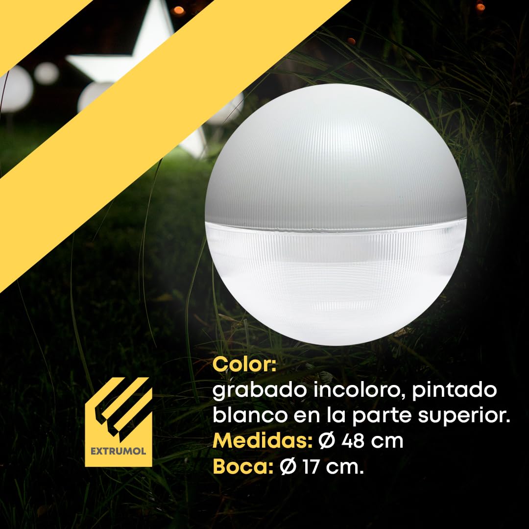 Bola Farola Exterior - Anticontaminación Lumínica - Metacrilato Grabado - Blanco - Medidas: Ø 48 cm - Boca: Ø 17 cm