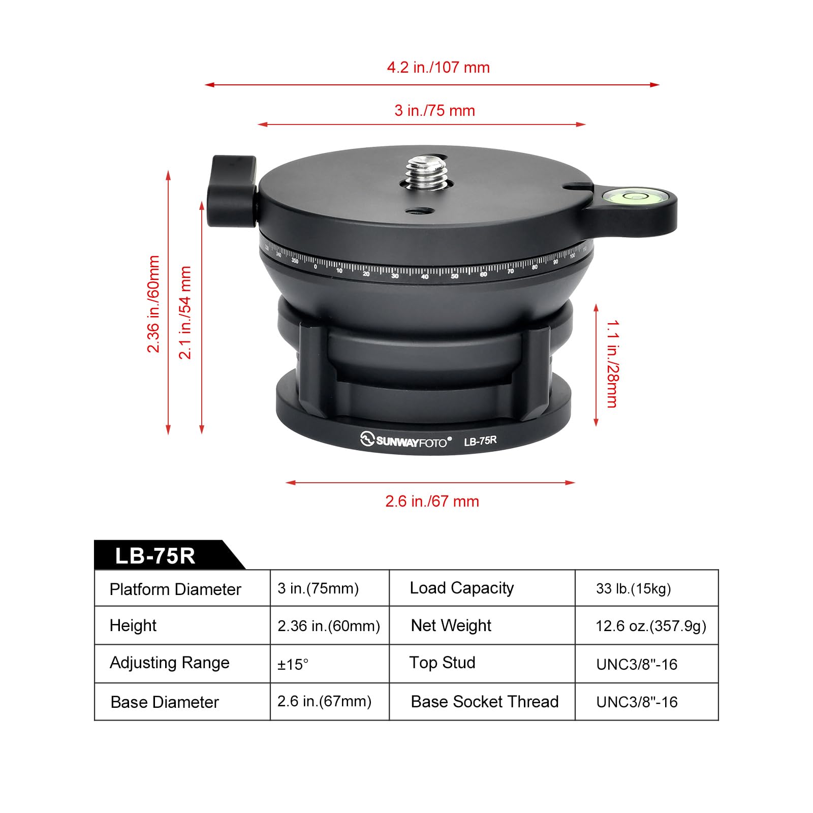 SUNWAYFOTO LB-75R 360 - Cabezal de trípode con Base de nivelación panorámica, Capacidad de Carga de 15 kg