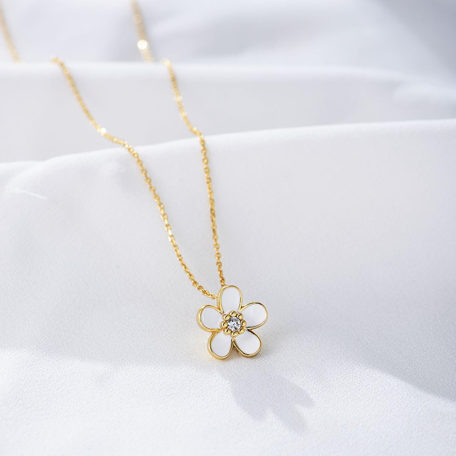 Collar con colgante de flor para mujer, cadena de oro amarillo de 9 quilates, 14 quilates, 18 quilates con diamante, collar con colgante individual para ella, 40 + 5 cm