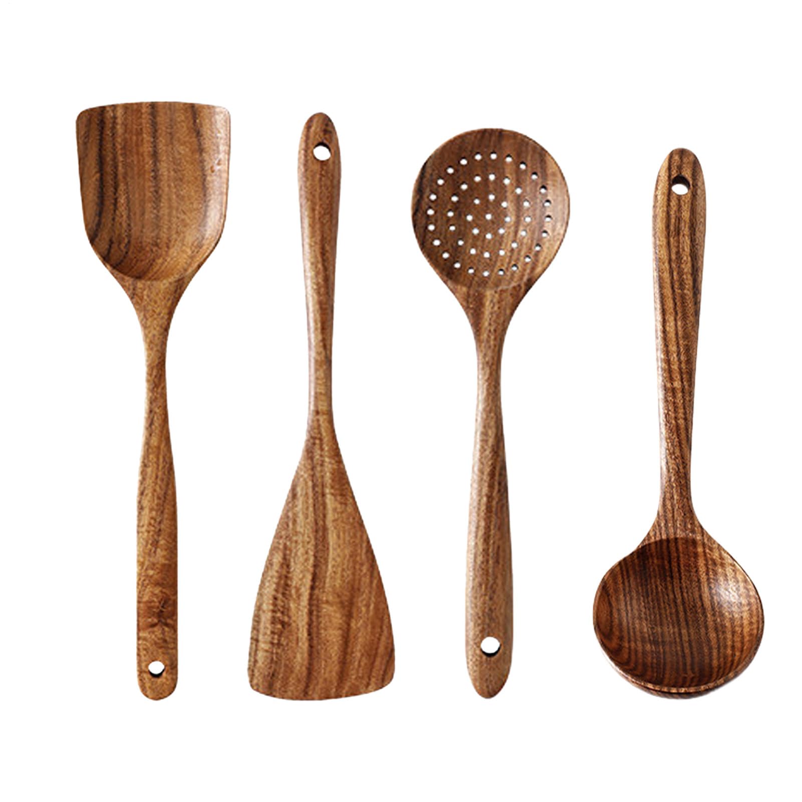 Juego de utensilios de cocina de madera natural - Cucharas de cocina de 4