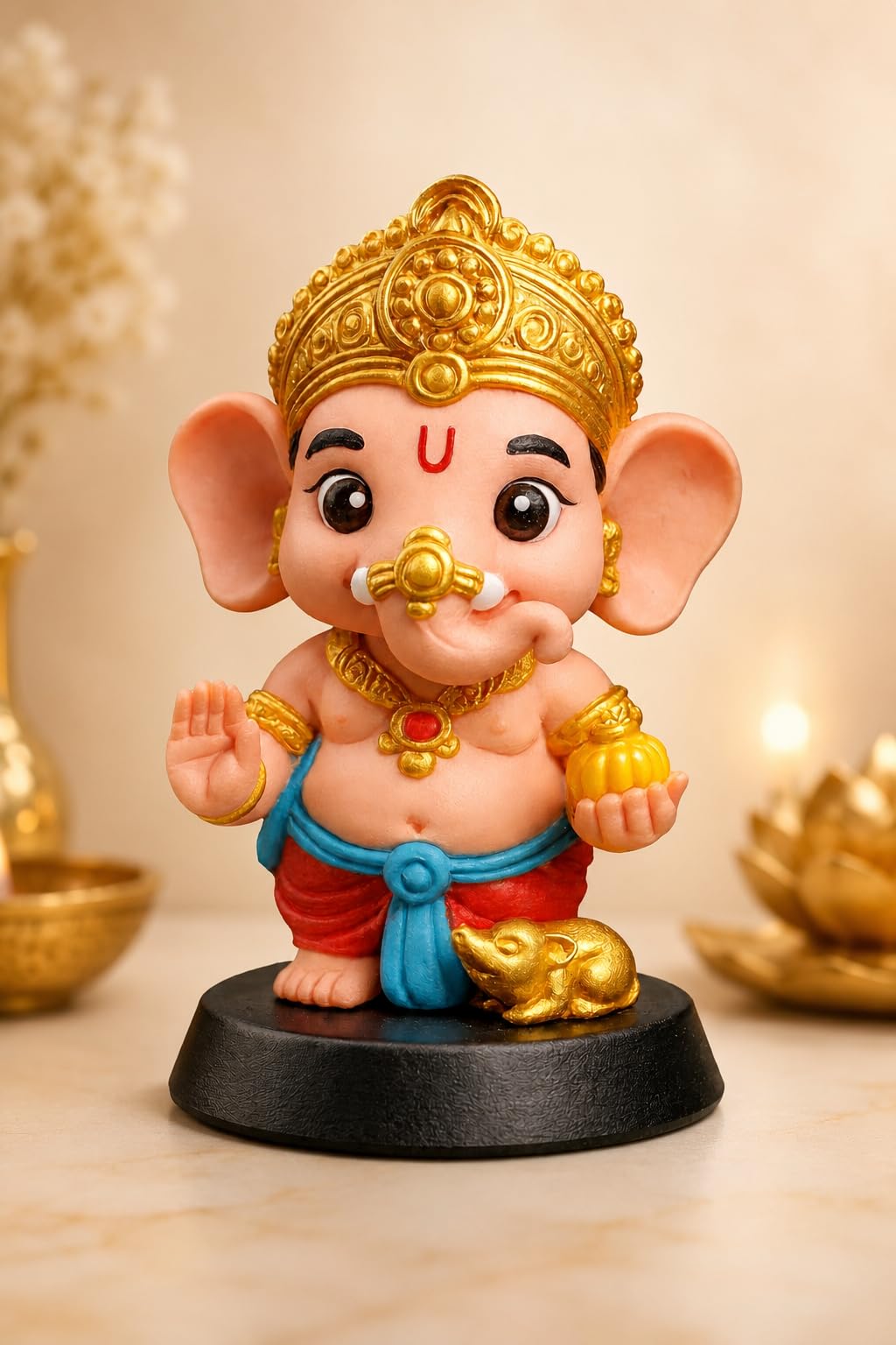 Cute Lord Ganesha God Idol for Car Dashboard | Ganpati Bappa Murti with Modak & Mooshak | Decorative Ganesh Ji Showpiece for Home, Office, Gift Purpose | Figurine