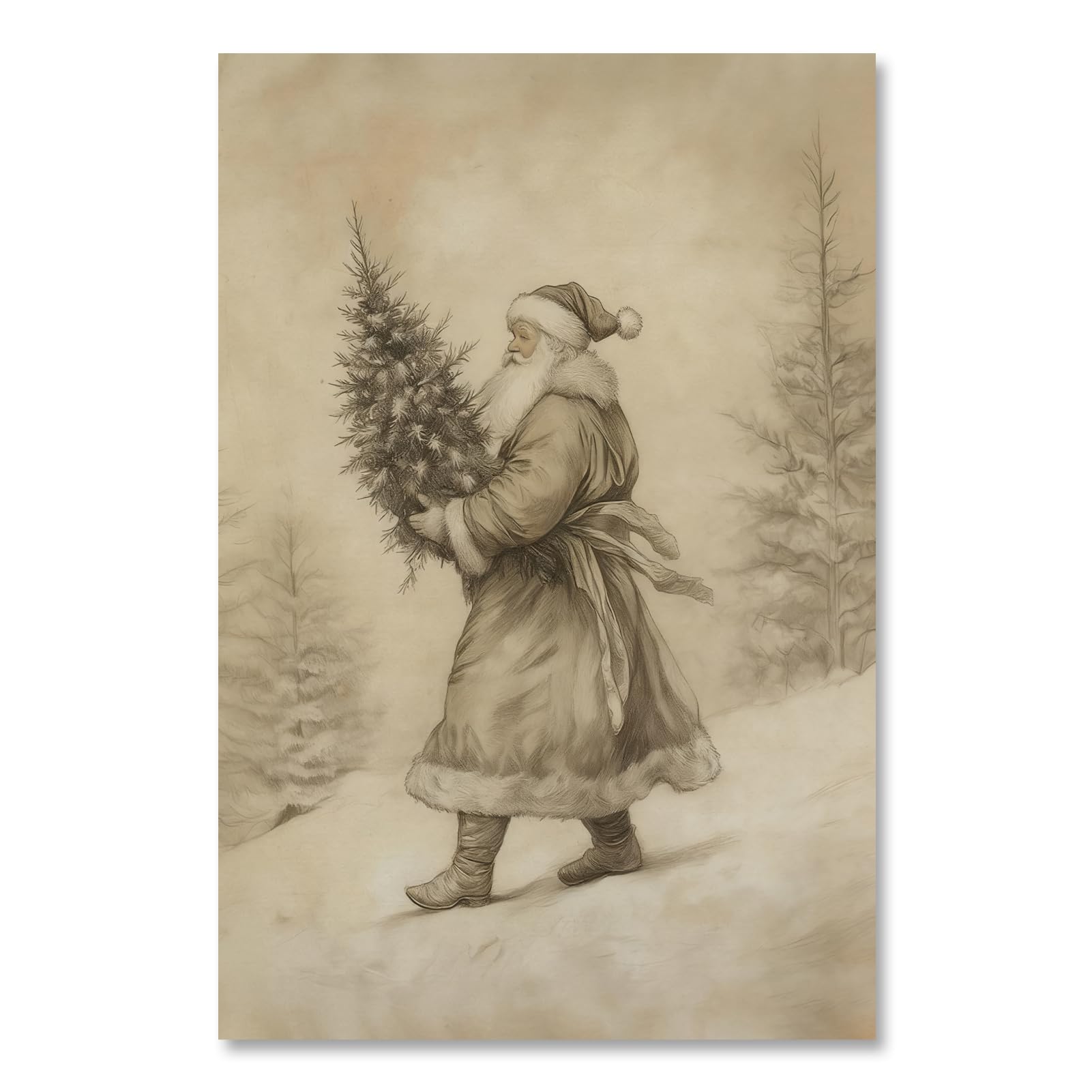Yermidi Vintage Christmas Wall Art Neutral Sketch Santa Claus Holding Tree Poster Farmhouse Christmas Picture Wall Decor Winter Forest Holiday Canvas Print for Living Room Home 8x10inch Unframed