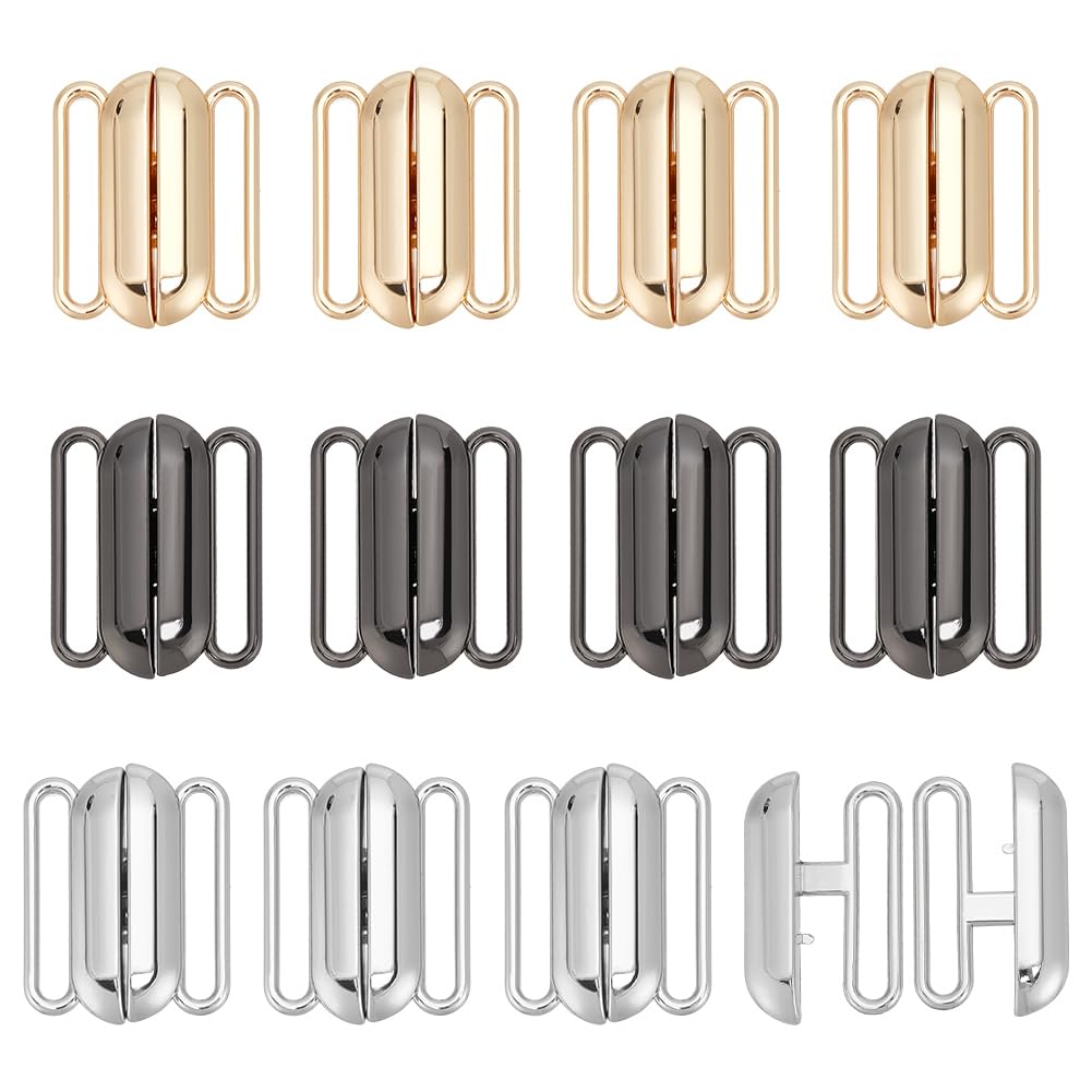 PH PandaHall 12 Sets 3 Colors Front Closing Bikini Clasp Clicker Closure 1'' Bra Closure Alloy Bikini Hook Closure Garment Clasps Bra Buckle for Lingerie Swimsuit, Golden/Platinum/Gunmetal