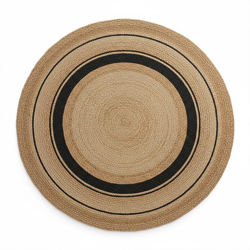Image of Jute Round Carpet 3x3 feet - Handmade Braided Boho Rug for Living Room, Bedroom & Balcony - Soft Washable Floor Mat, Color - Beige Black