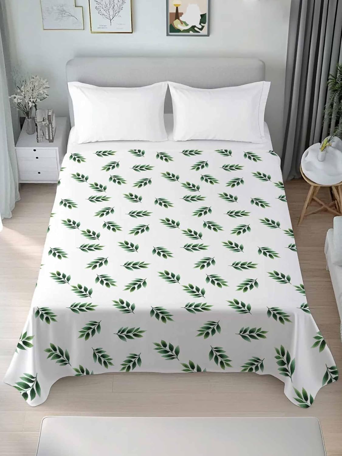Top Sheet Full Bedding Flat Sheet Only, Watercolor Spring Summer Green Leaves Microfiber Bed Sheets Soft Breathable Bedding Flat Sheets, Pastoral Plant Hotel Luxury Top Sheets