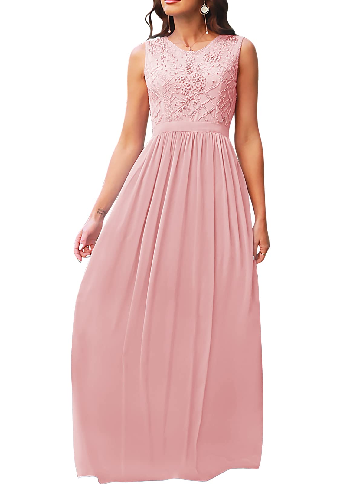 Women's Elegant Long Glowing Beaded Bridesmaid Dress Scoop Neck Formal Maxi Wedding Guest Dress Blush