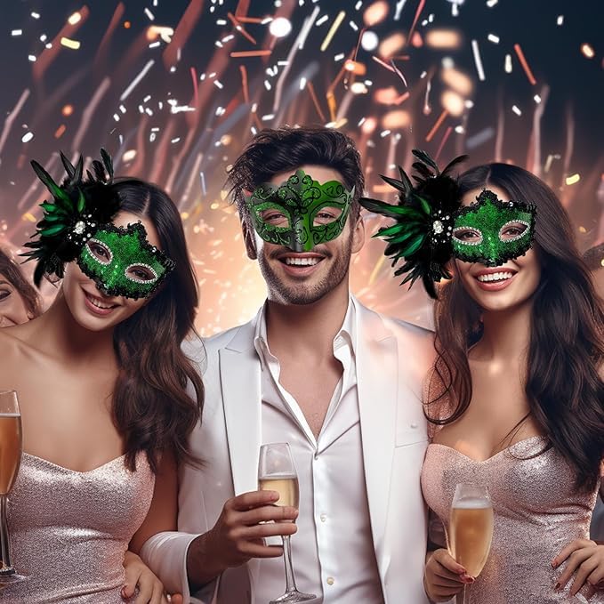 Allruyee 2025 New Masquerade Mask for Couple - Masquerade Mask Women with Feathers & Venetian Mask Men for Mardi Gras Party(Green) - Image 4