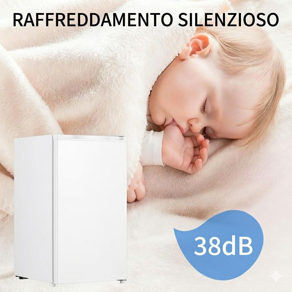 Mini frigorifero bianco 91L con congelatore, porta singola, termostato regolabile a 7 livelli. Risparmio energetico, bassa rumorosità, ideale per ufficio, camera e dormitorio