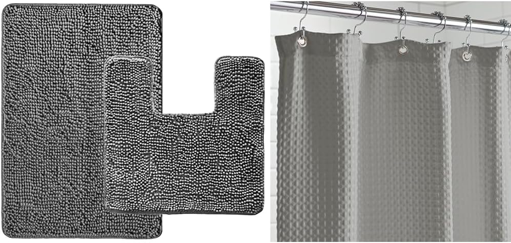 Toilet Rug Set and Shower Curtain Size 72x78, 2 Item Bundle