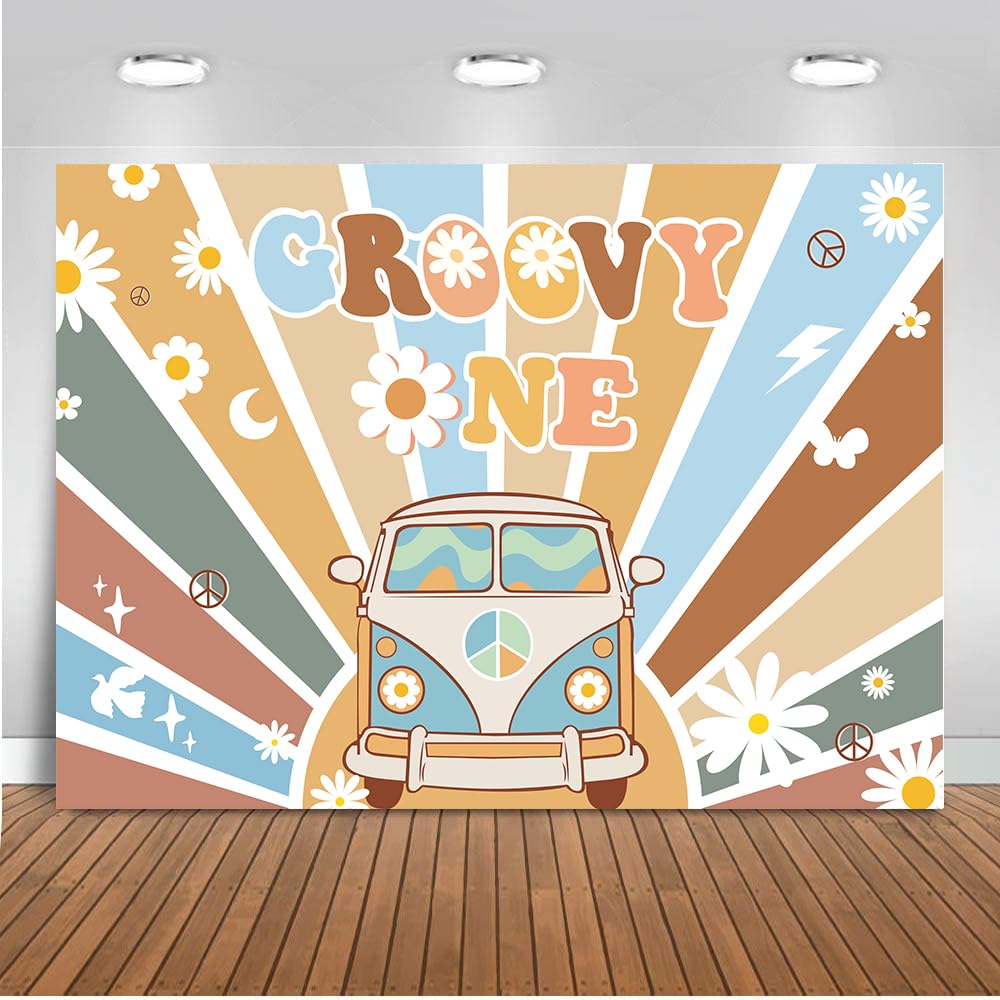 ANSHUHAI Groovy One Birthday Backdrop Boho Rainbow Groovy Party Decorations 70's Retro Hippie Backdrops Groovy 1st Birthday Photography Background