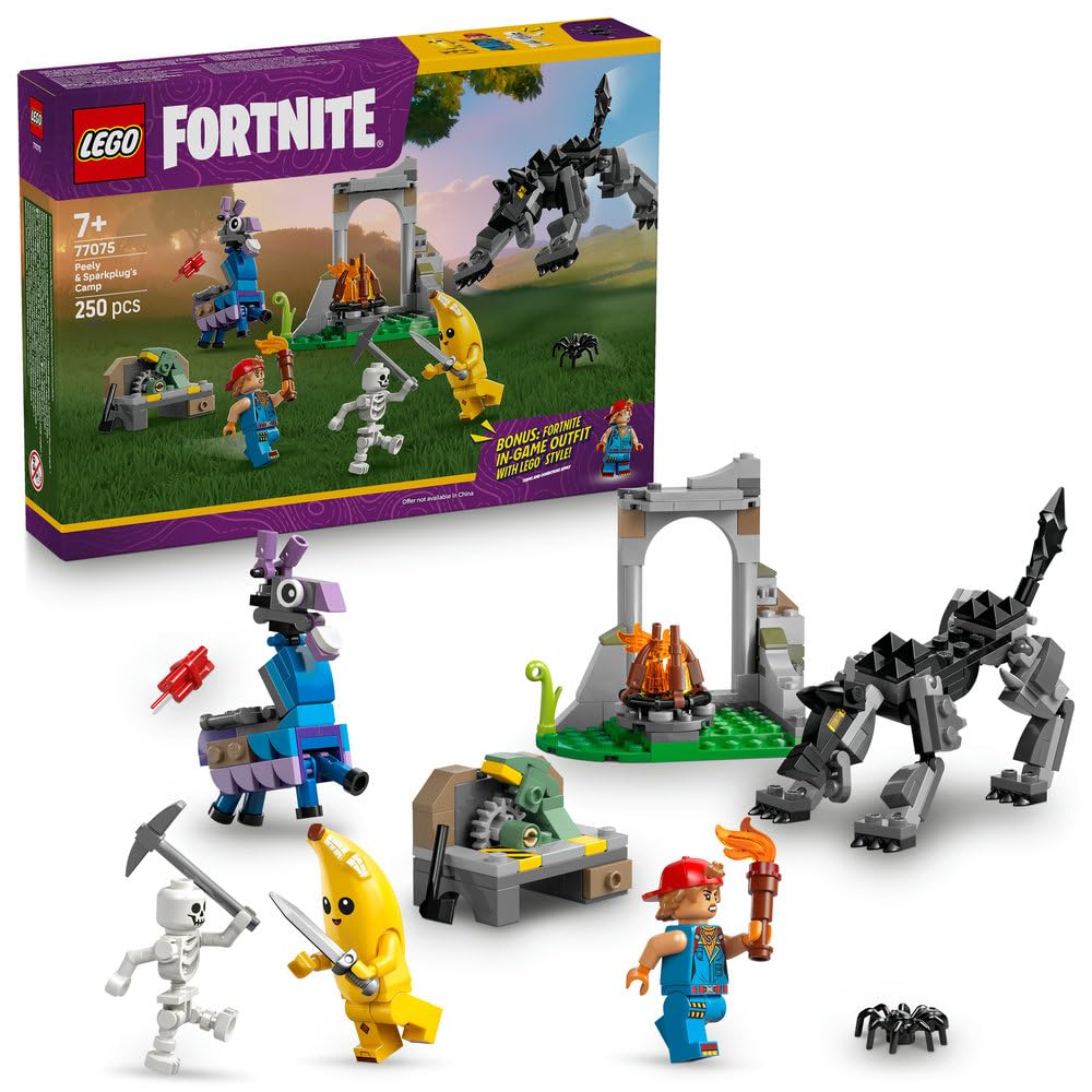 LEGO Fortnite Peely & Sparkplug’s Camp Toy - incl. Wolf & Supply Llama Figures plus a Campfire & 3 Minifigures - Gift for 7+ Year Old Boys, Girls & Gaming Fans - 77075