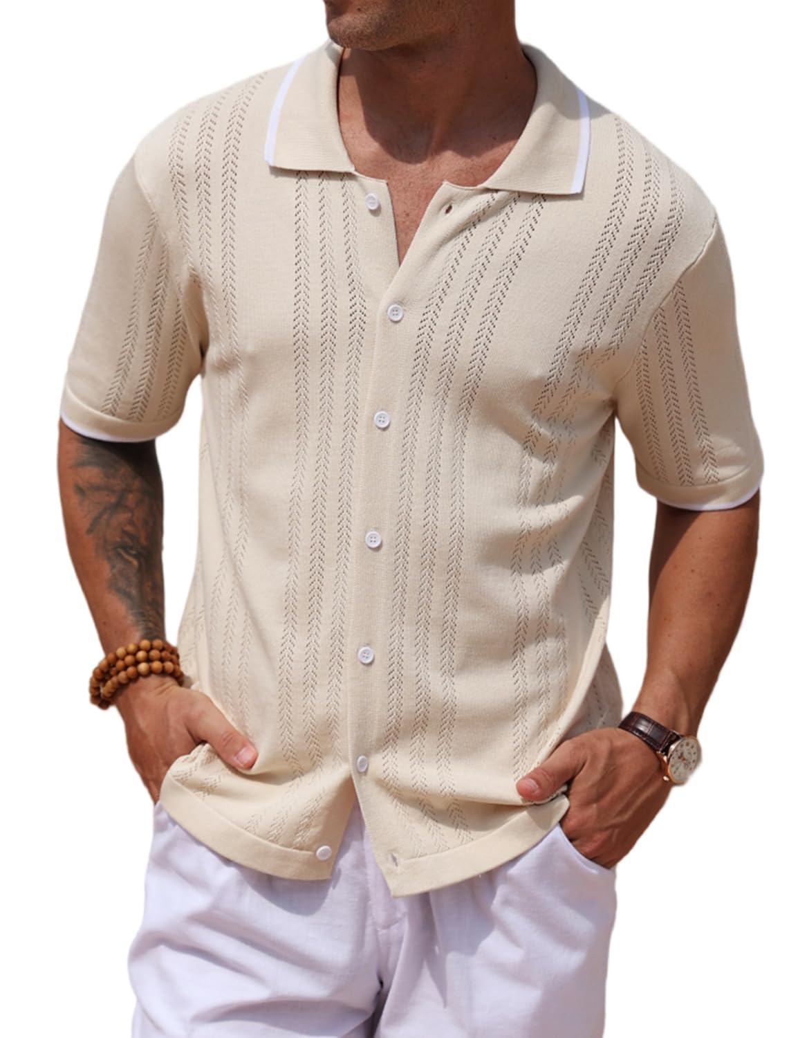 SPKPKEY 2025 New Men's Knit Button Down Shirt Vintage Short Sleeve Polo Shirts Summer Casual Beach Tops S-3XL