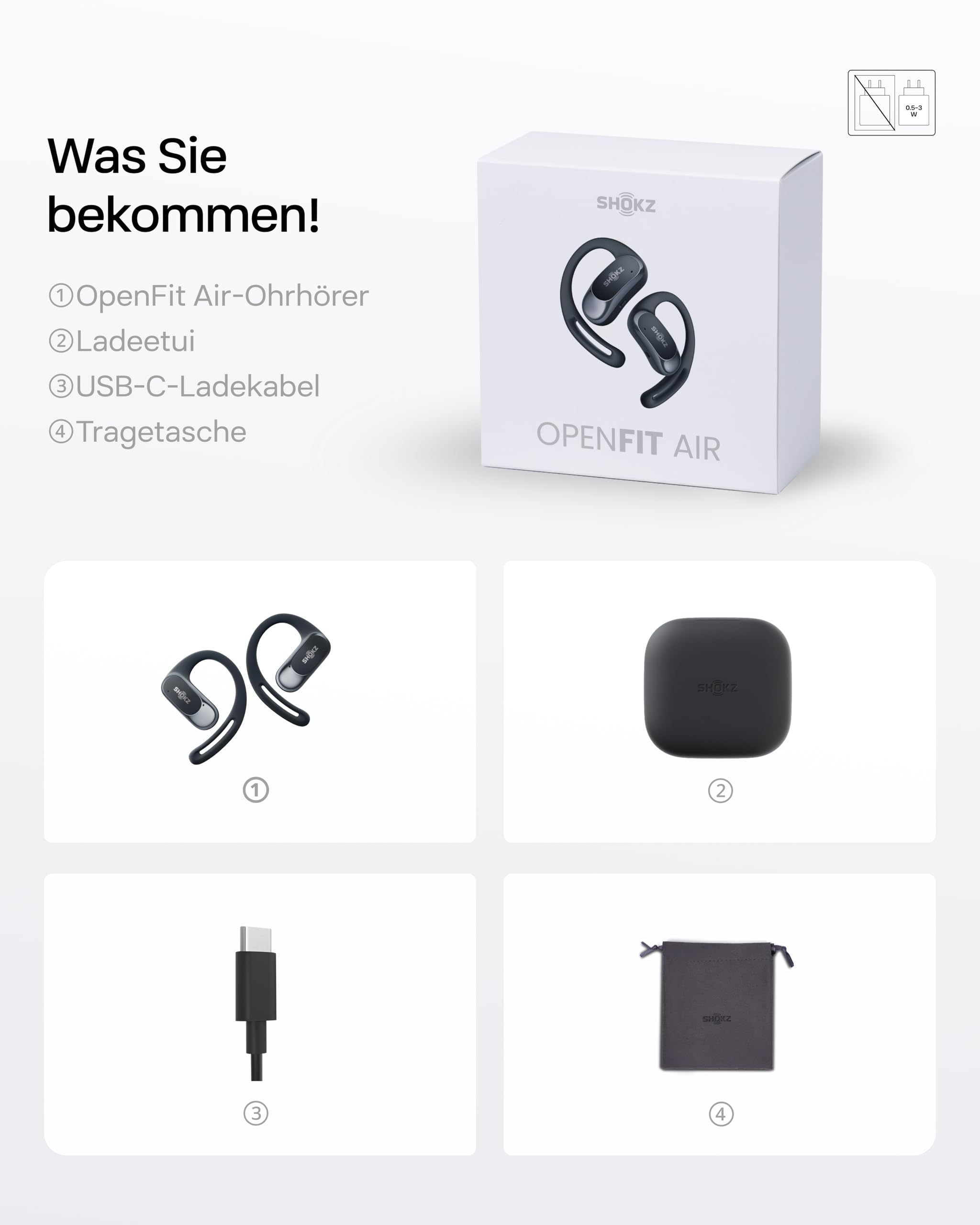 SHOKZ OpenFit Air Open-Ear-Kopfhörer, True Wireless Bluetooth-Ohrhörer mit Mikrofon, Ohrhörer mit Air-Ohrbügel, Schnellaufladung, 28h Wiedergabe, wasserdicht IP54 fürs Training, Tragetasche, Schwarz