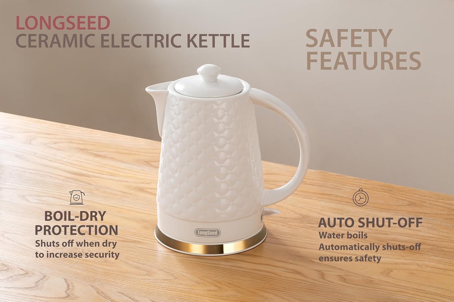 Ceramic Electric Tea Kettle, 1500W /1.5 Liter hot water kettle electric and Boiler for Coffee or Tea,Auto Shut-Off, Boil-Dry,BPA-Free (White)