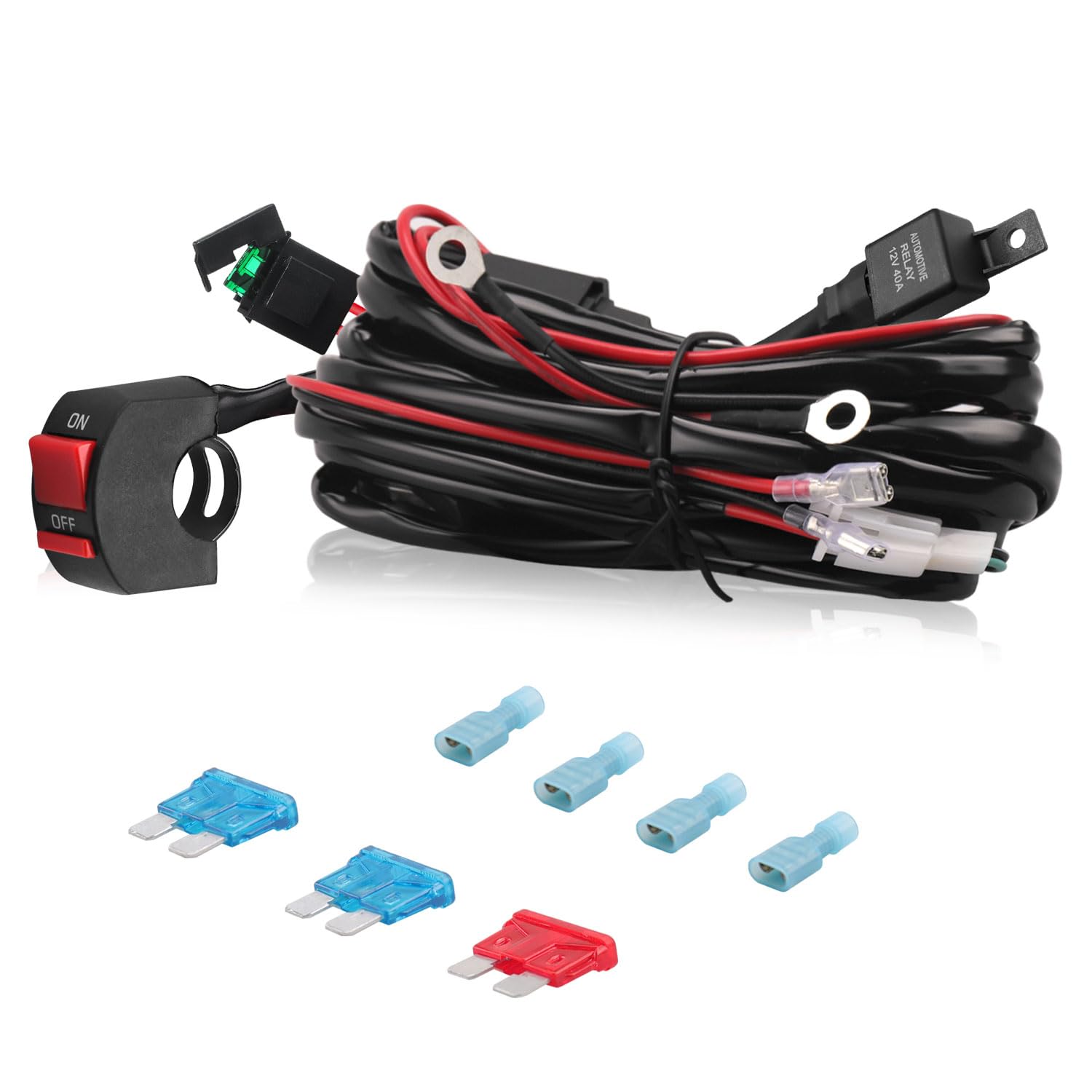 Erato Kit cablaggio per motocicletta con luce LED con kit relè da 12 V 40 A con 2 connettori per luci Fusibile in linea da 30 A per barra luminosa Luci di guida Fendinebbia Luci di lavoro ausiliarie