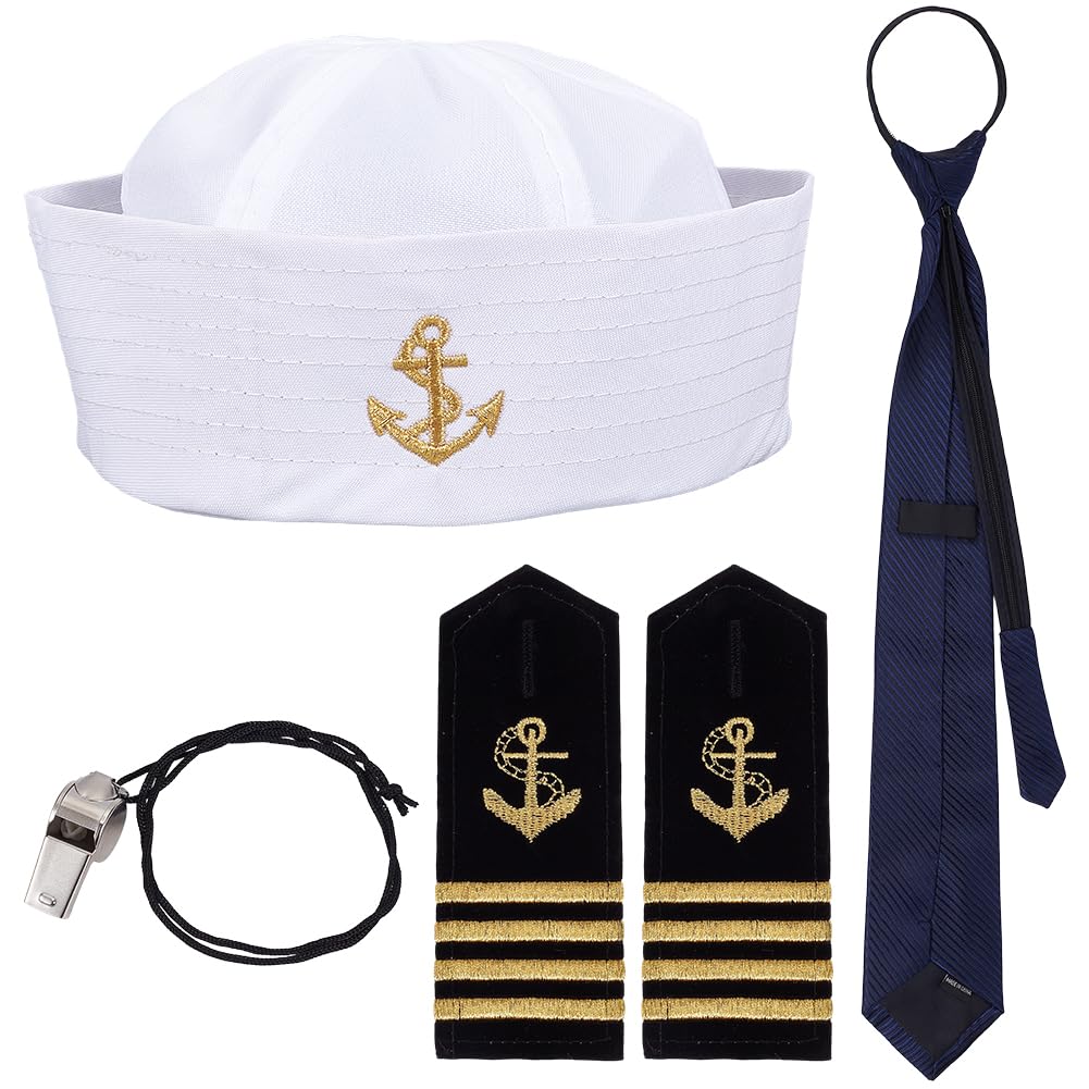 CREATCABIN Nautical Sailor Hat with Gold Anchor Shoulder Boards Epaulets Whistles Navy Necktie Yacht Sailor Captain Costume Accessories Set for Men Women Halloween Cosplay Dressing up Party