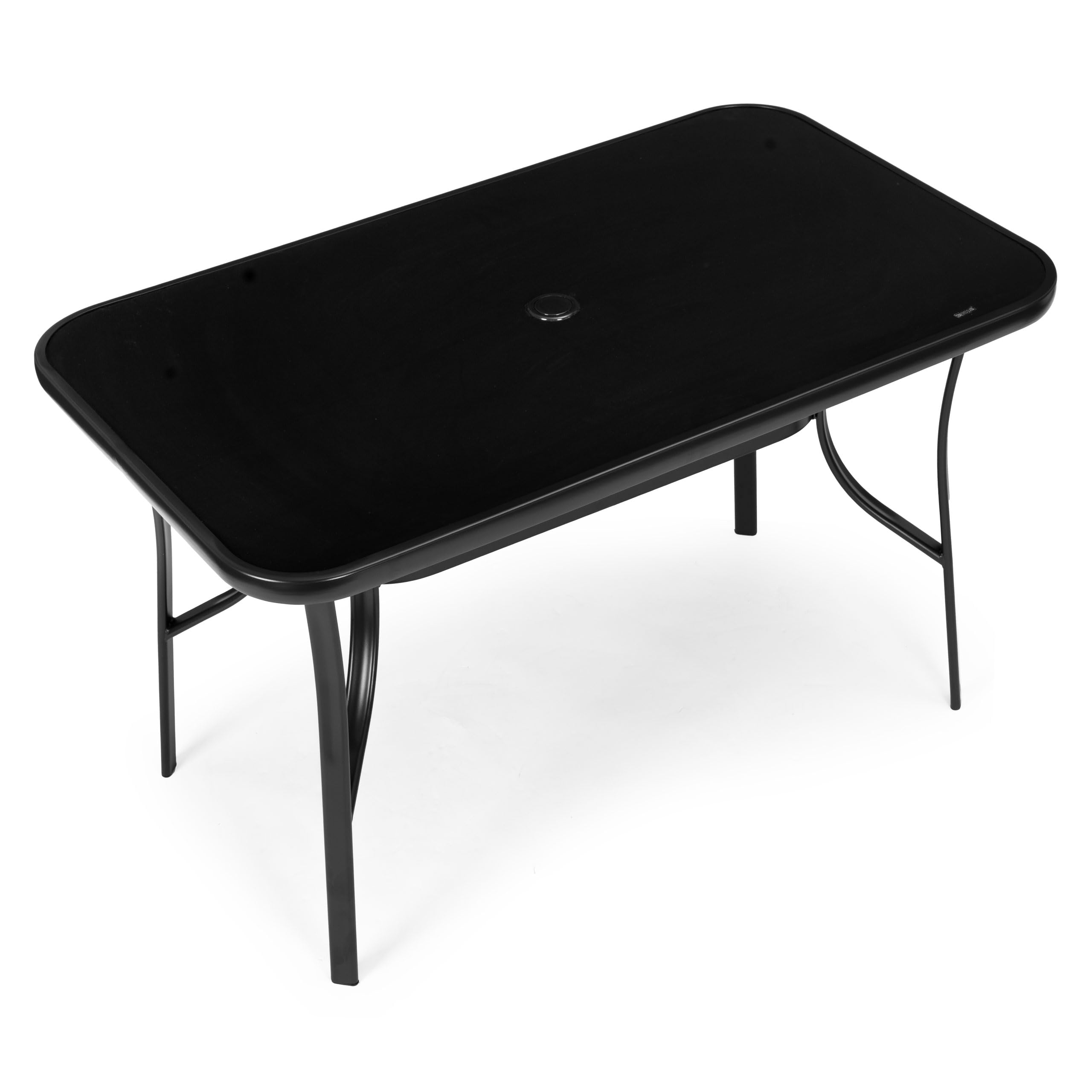 Mesa de jardín de 120 x 70 cm con tablero de cristal templado, mesa de terraza con orificio para sombrilla, mesa rectangular para balcón, mesa de exterior de acero