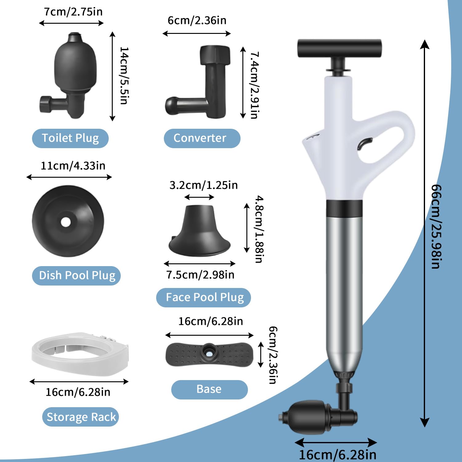 Toilet Unblocker Heavy Duty Plunger, High Pressure Plunger Kit with 4 Replaceable Heads and Inflatable Footbed - Image 2