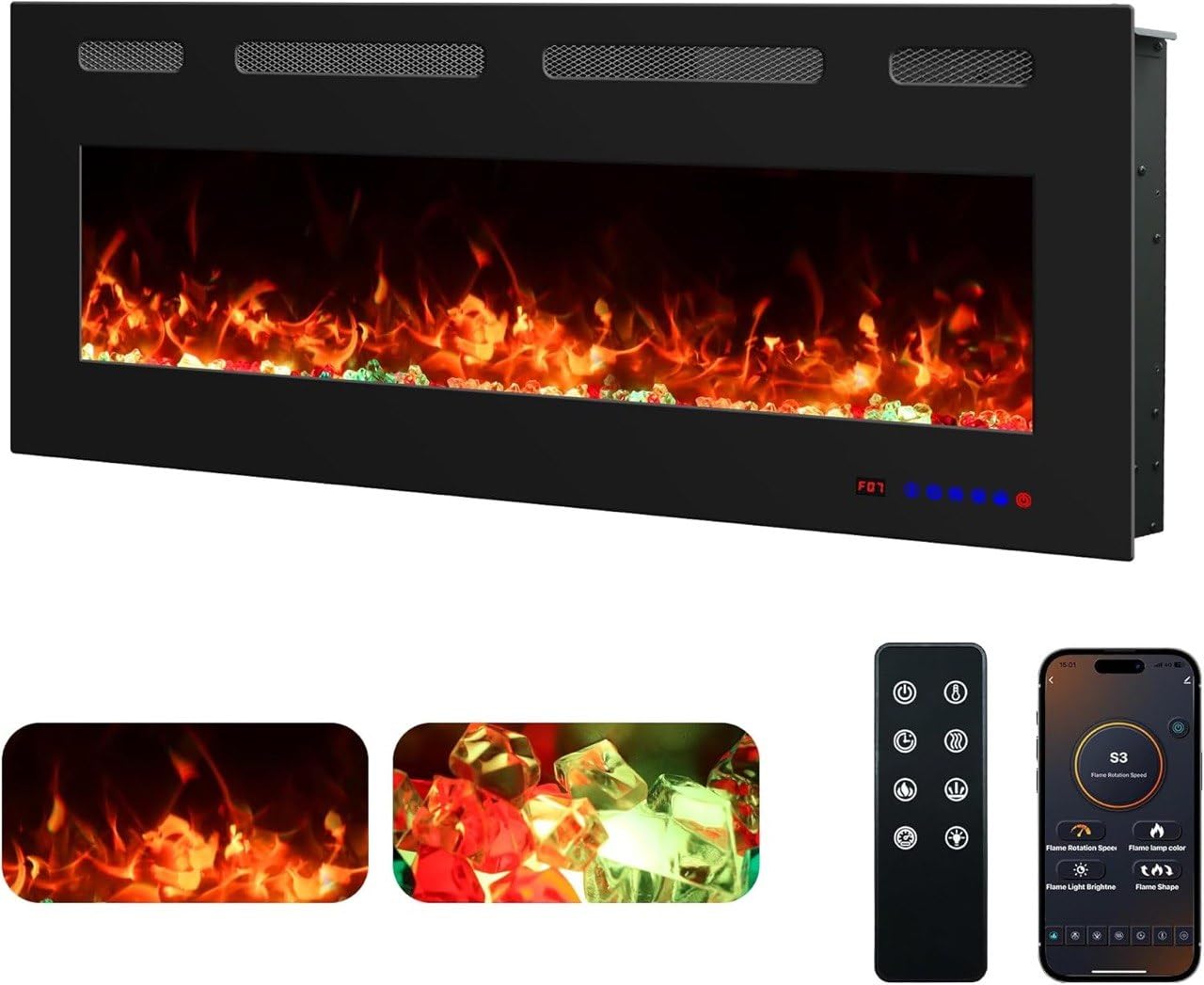 Chimenea Eléctrica de Pared Weka Fireplace WiFi Ultrafina 7,5 cm Vidrio Templado Sin Humo Control Remoto 750/1500W 13 Colores de Llama 107 cm