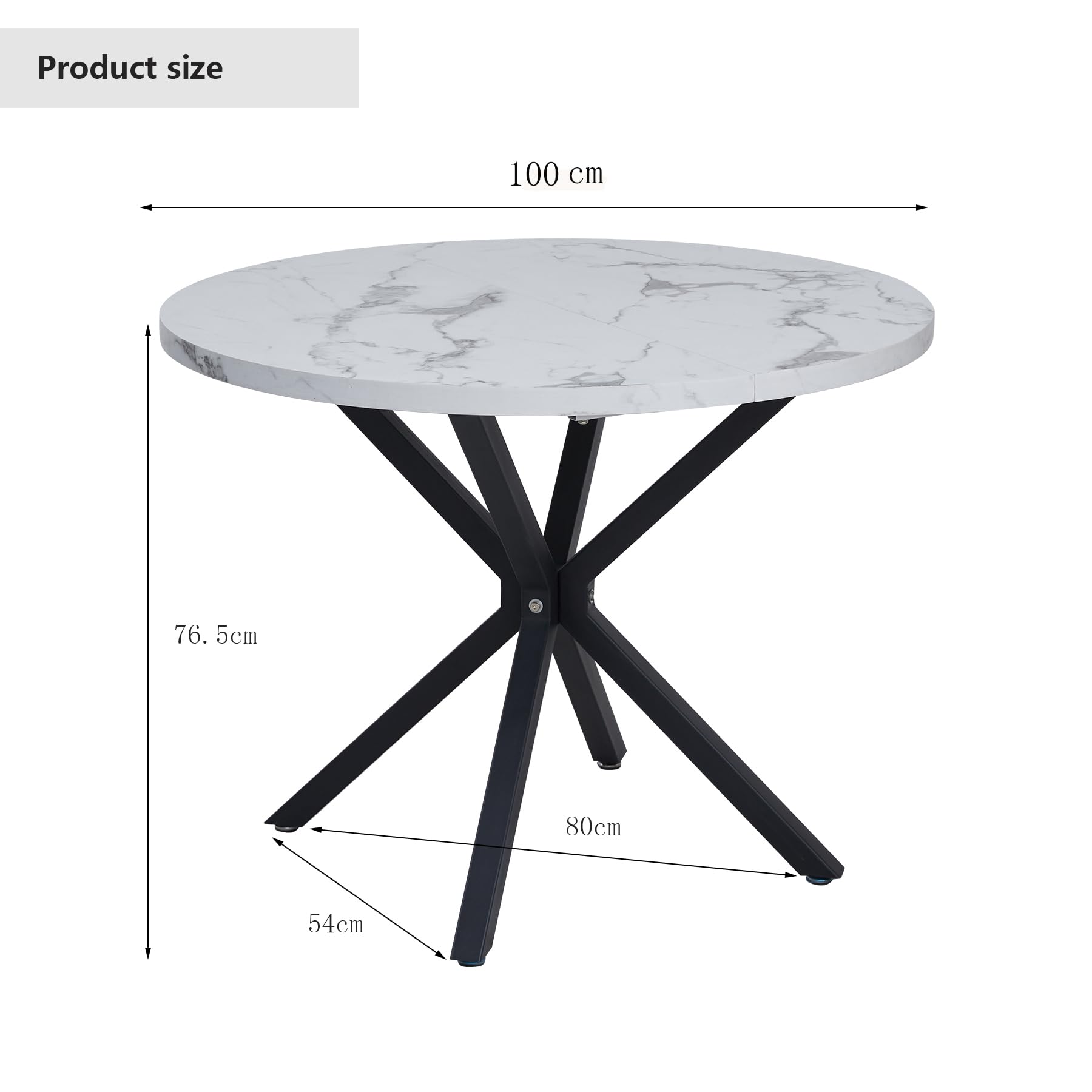 GrandCA HOME Table de Salle à Manger Ronde avec Plateau Effet Marbre Moderne, Table de Cuisine avec Quatre Pieds en Métal, pour Salle à Manger, Salon,Blanc + BKL