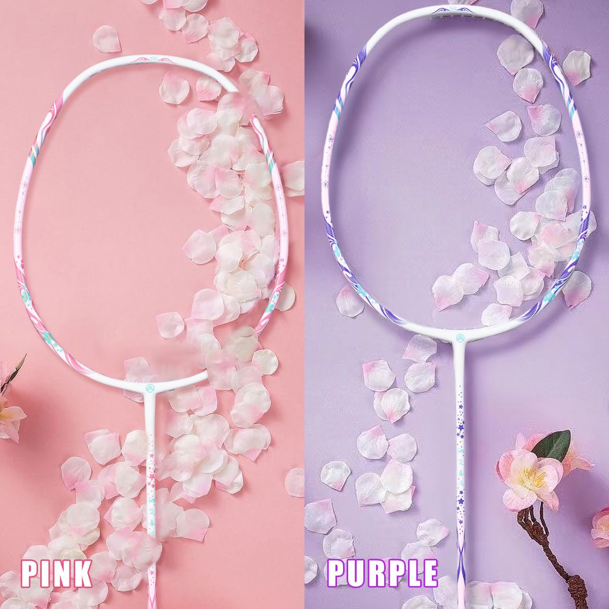 ALPSPORT Cherry Peach Blossom Original Design 4U G5 Graphite Badminton Rackets Sets of 2, Carbon Fiber Racquets with 1 Leather Bag, 2 Tied Grips Tapes, 22-28LBS Padel Raket for Sports Training