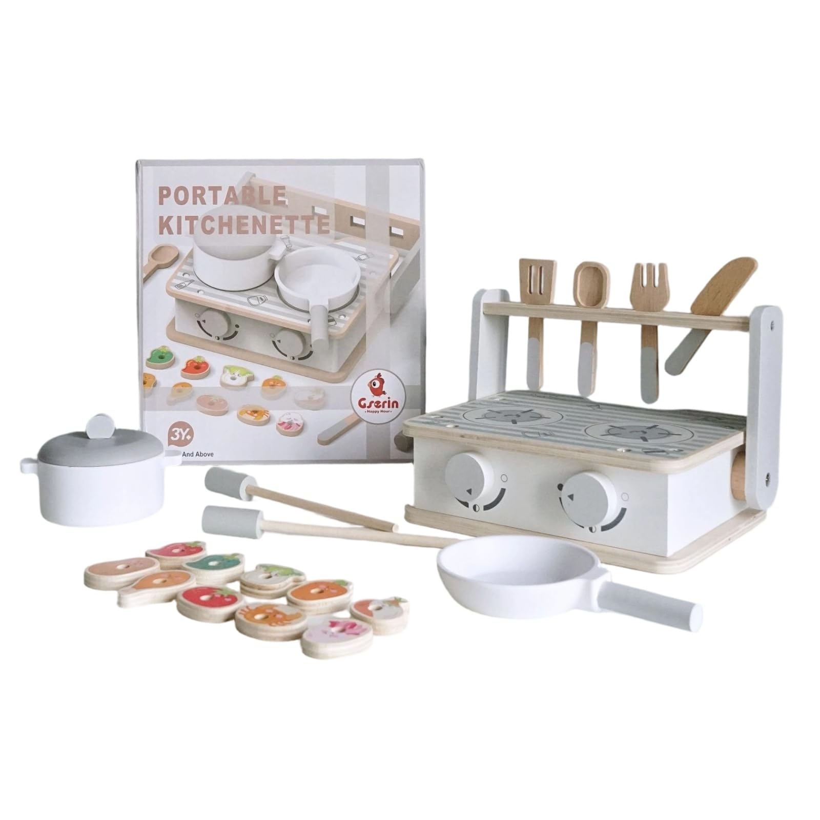 kowaku Cucina Giocattolo Bambini Mini in Legno Portatile Set Cucina Fornello Ripiano Utensili Inclusi con Portautensili a Ganci E Due Manopole Adatta per Gioco Creativo Cameretta Asilo Regali