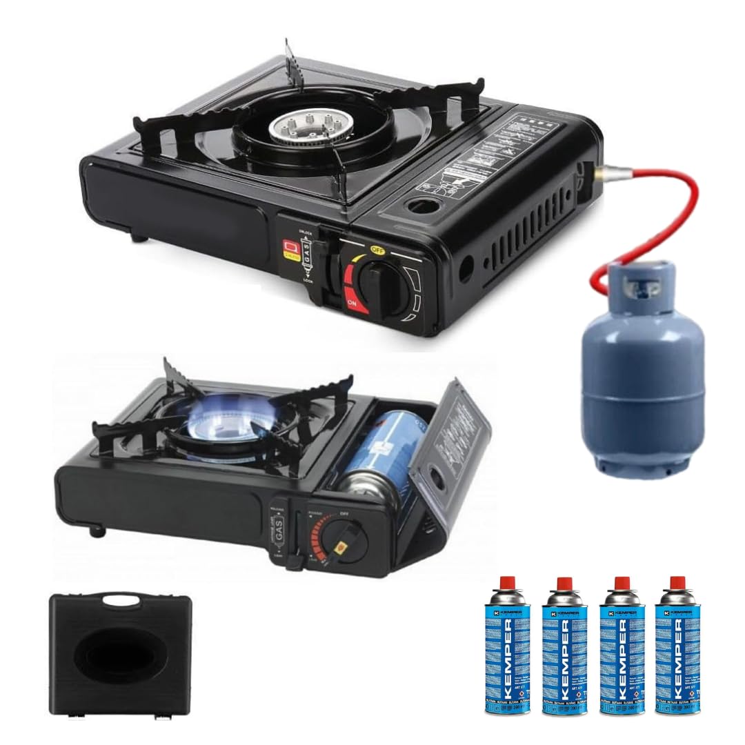 Fornello da campeggio a gas, doppio attacco Bombola GPL o cartuccia Gas Butano, con valigetta portatile, 4 cartucce Incluse, 1 fuoco, potenza 2.200W, fornello outdoor cucina per esterno