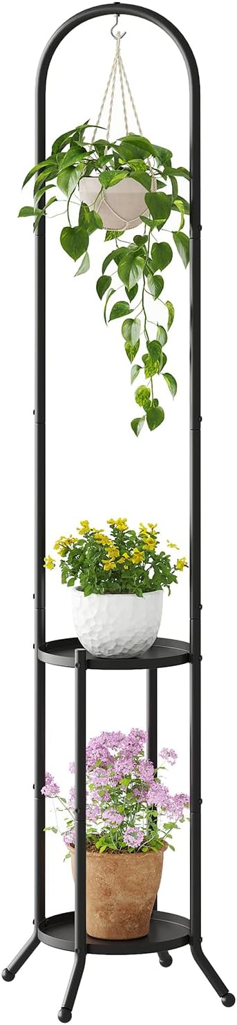 2-Tier Metal Plant Stand with Hanging Hook, Indoor Outdoor Plant Shelf (Black)